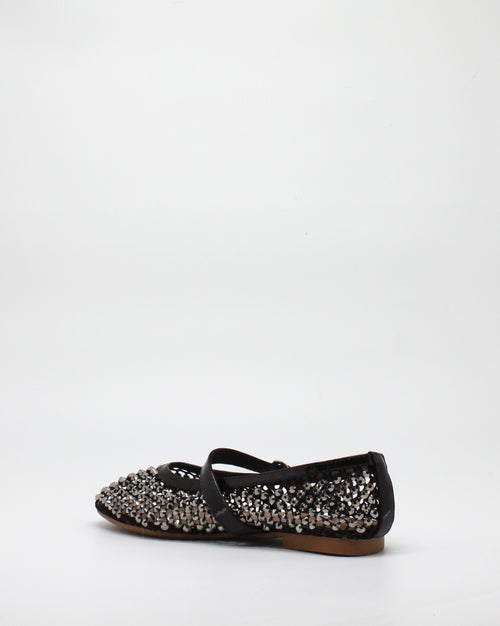 Ballerina Mary Jane in Rete con Cristalli e Dettagli in Vernice Marrone