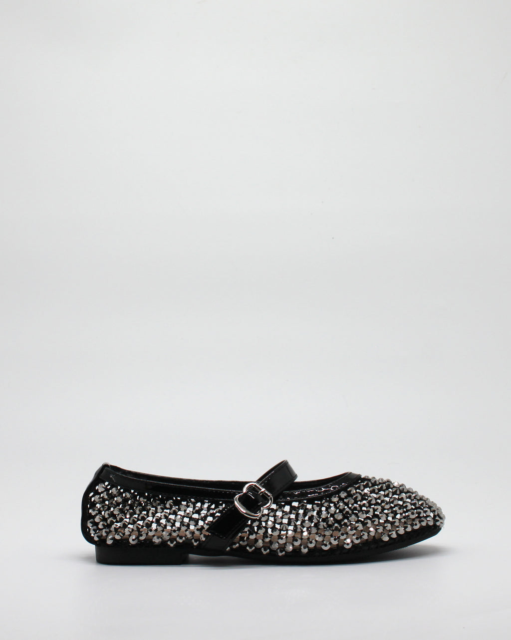 Ballerina Mary Jane in Rete con Cristalli e Dettagli in Vernice Nero