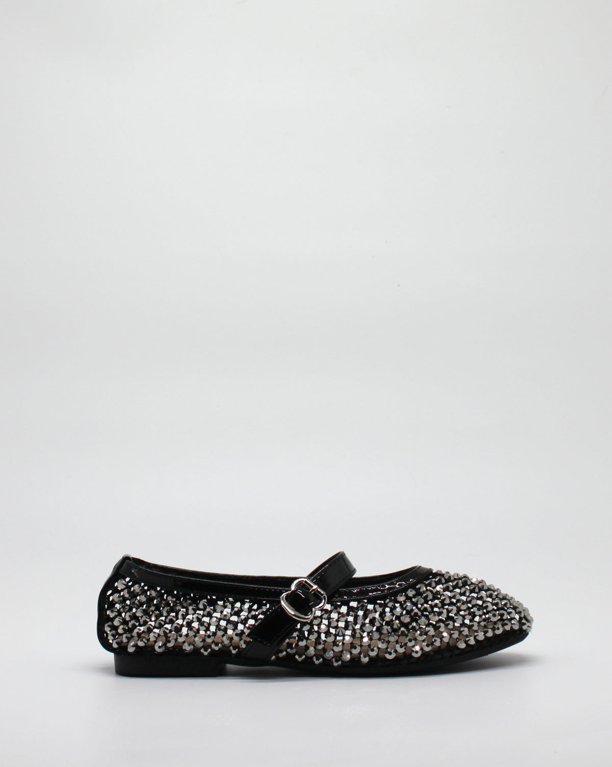 Ballerina Mary Jane in Rete con Cristalli e Dettagli in Vernice Nero
