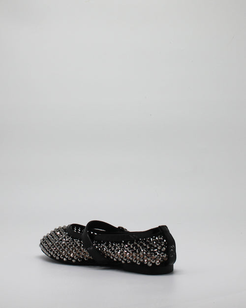 Ballerina Mary Jane in Rete con Cristalli e Dettagli in Vernice Nero