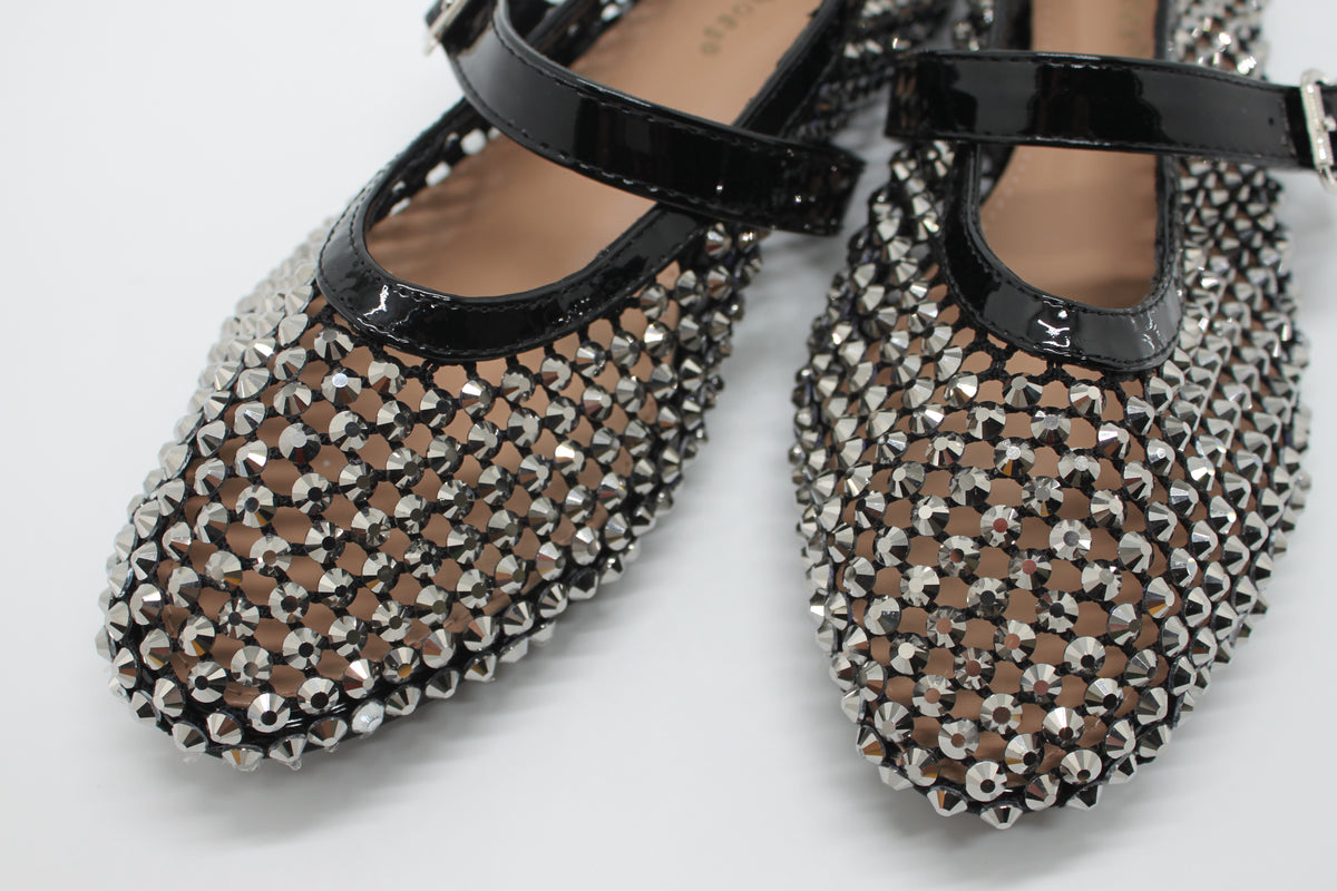 Ballerina Mary Jane in Rete con Cristalli e Dettagli in Vernice Nero