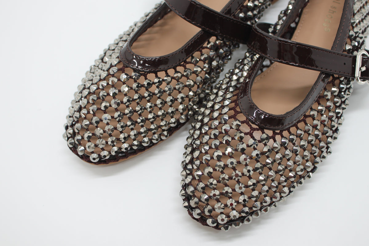 Ballerina Mary Jane in Rete con Cristalli e Dettagli in Vernice Marrone