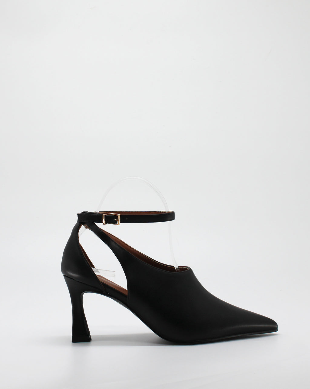 Scarpa Decolleté Cut-Out a Punta con Tacco Scultura e Cinturino - Nero