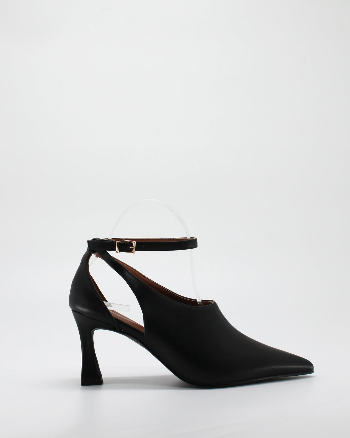 Scarpa Decolleté Cut-Out a Punta con Tacco Scultura e Cinturino - Nero