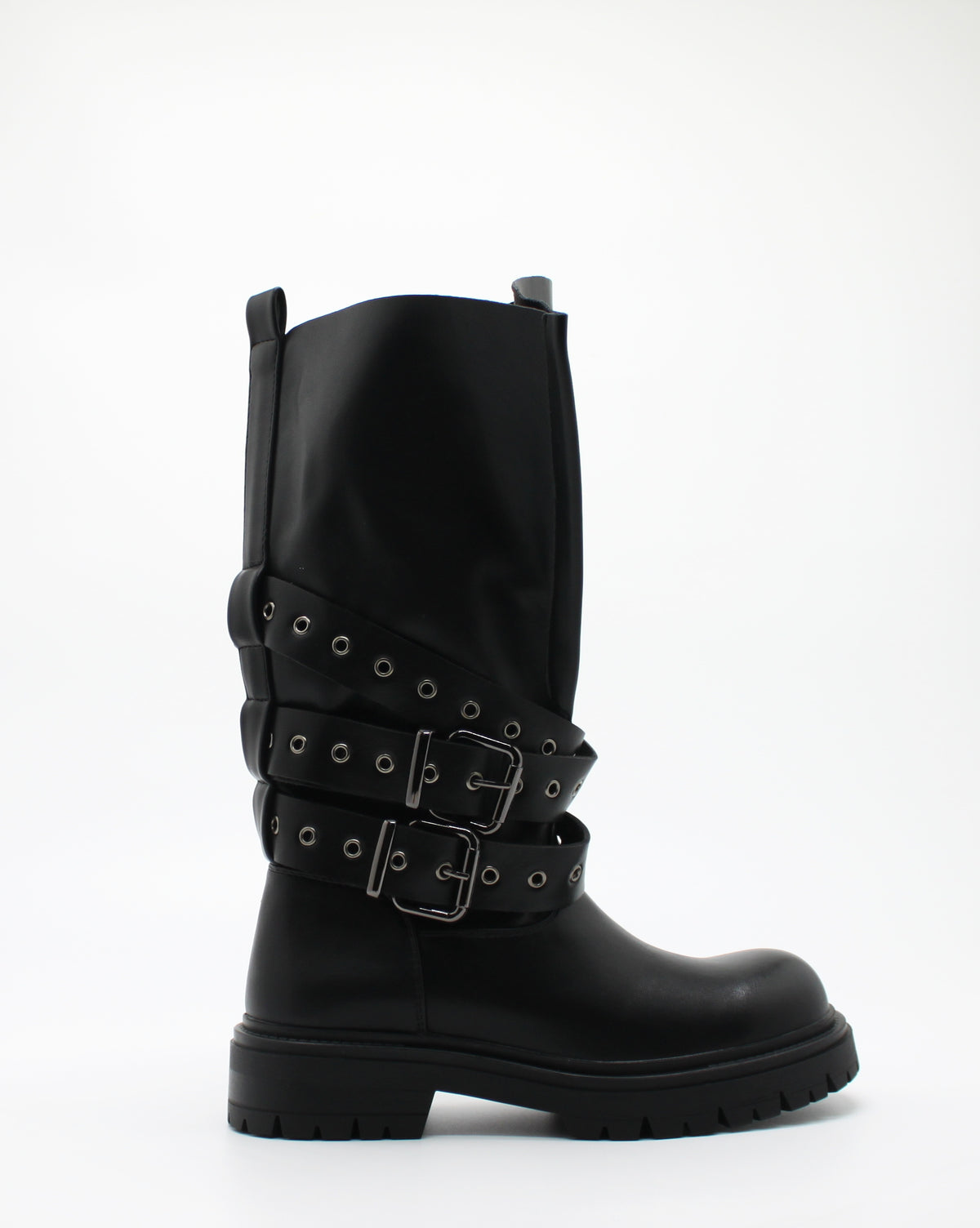 Stivale Biker Combat in Similpelle con Cinturini e Fibbie Multi-Ochielli - Nero