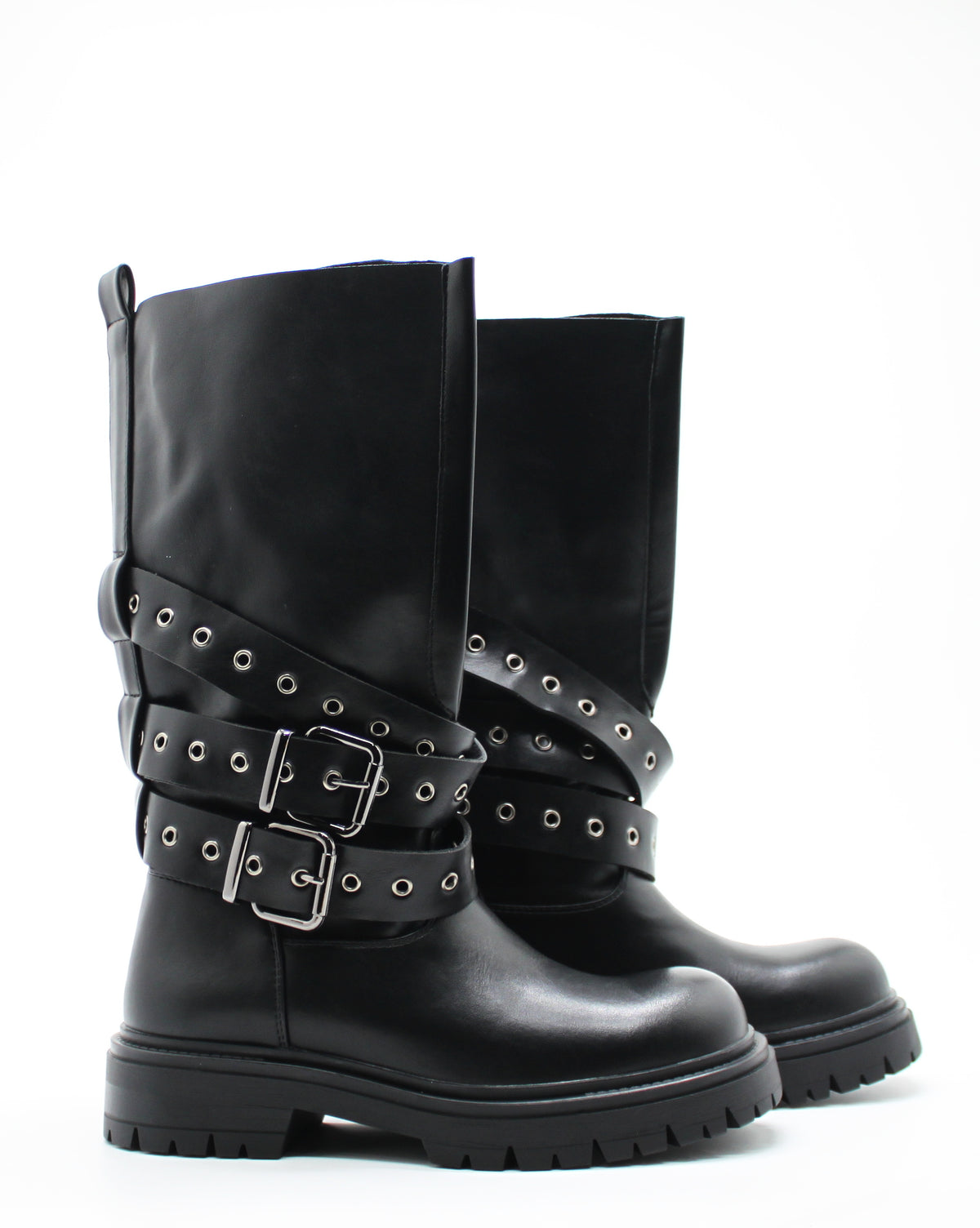 Stivale Biker Combat in Similpelle con Cinturini e Fibbie Multi-Ochielli - Nero