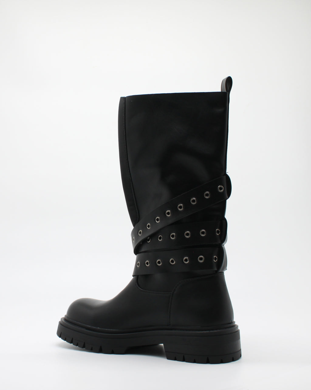 Stivale Biker Combat in Similpelle con Cinturini e Fibbie Multi-Ochielli - Nero