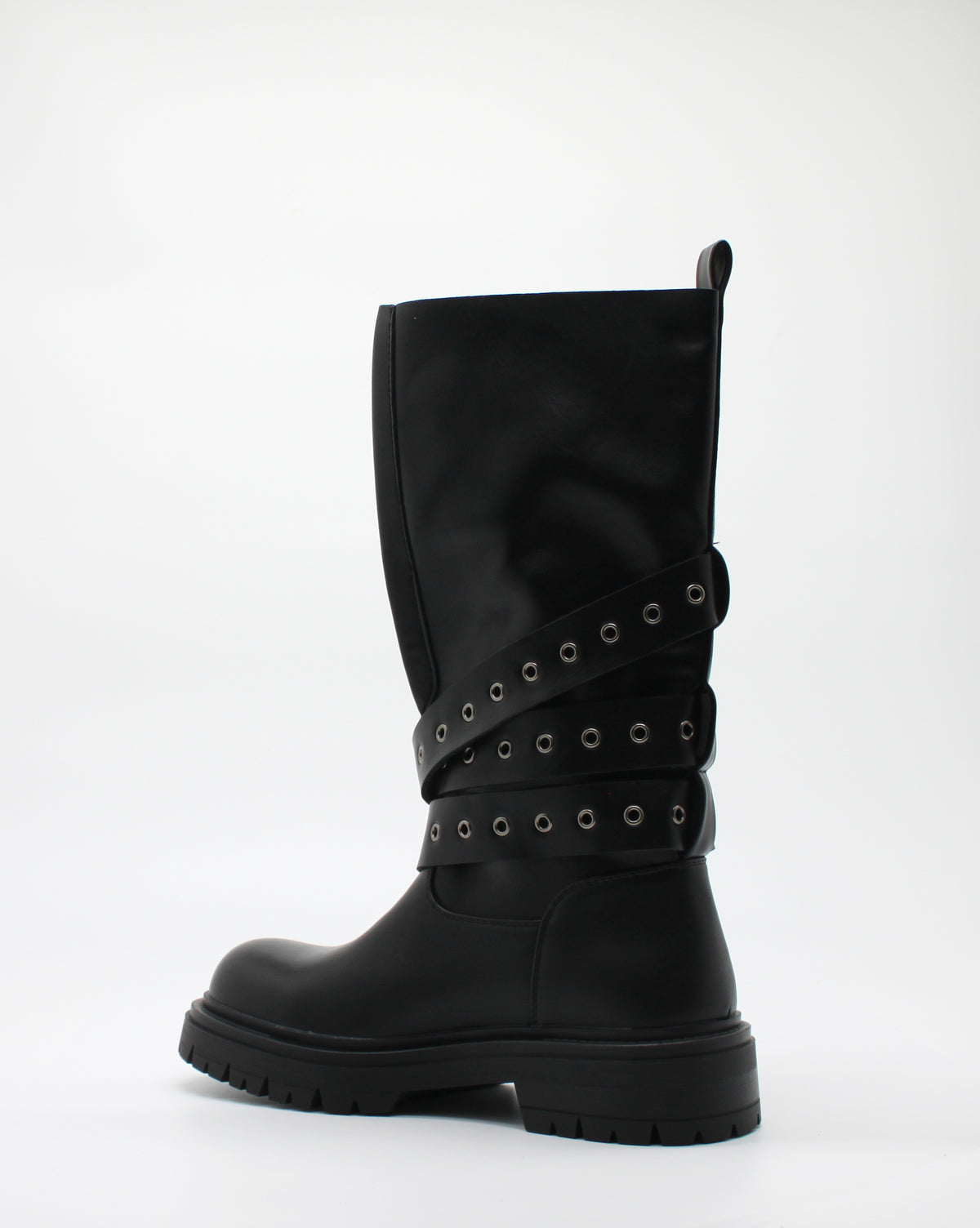 Stivale Biker Combat in Similpelle con Cinturini e Fibbie Multi-Ochielli - Nero