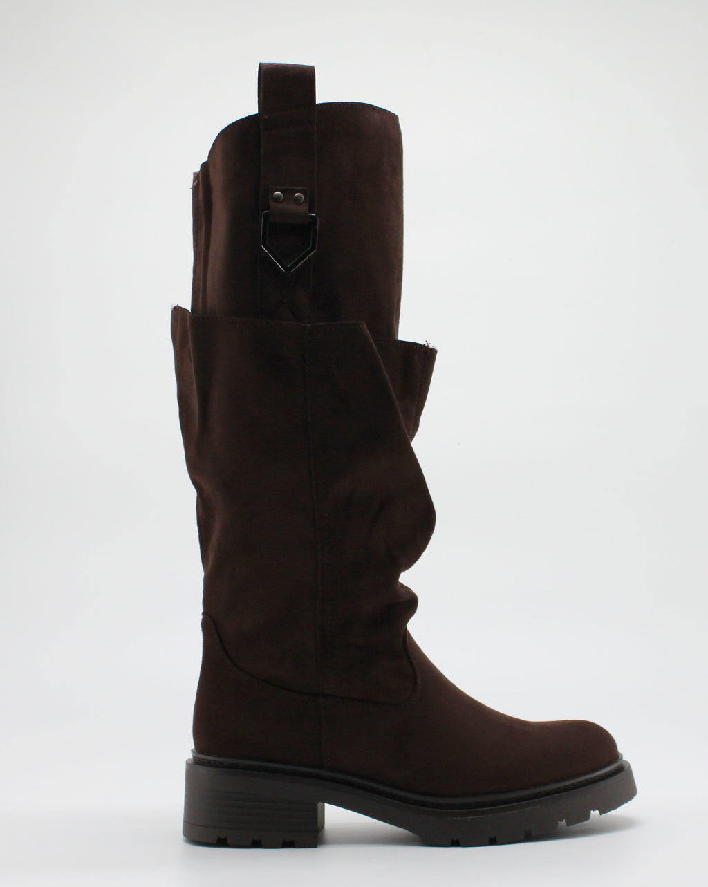 Stivale Alto Scamosciato Slouchy con Dettaglio Fibbia - Marrone