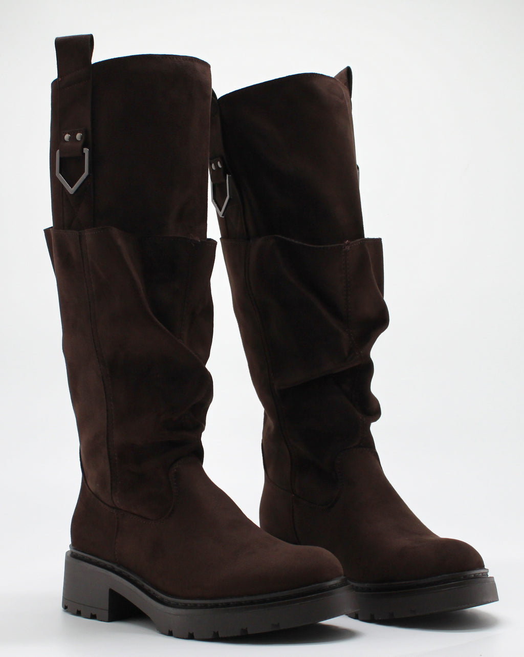Stivale Alto Scamosciato Slouchy con Dettaglio Fibbia - Marrone