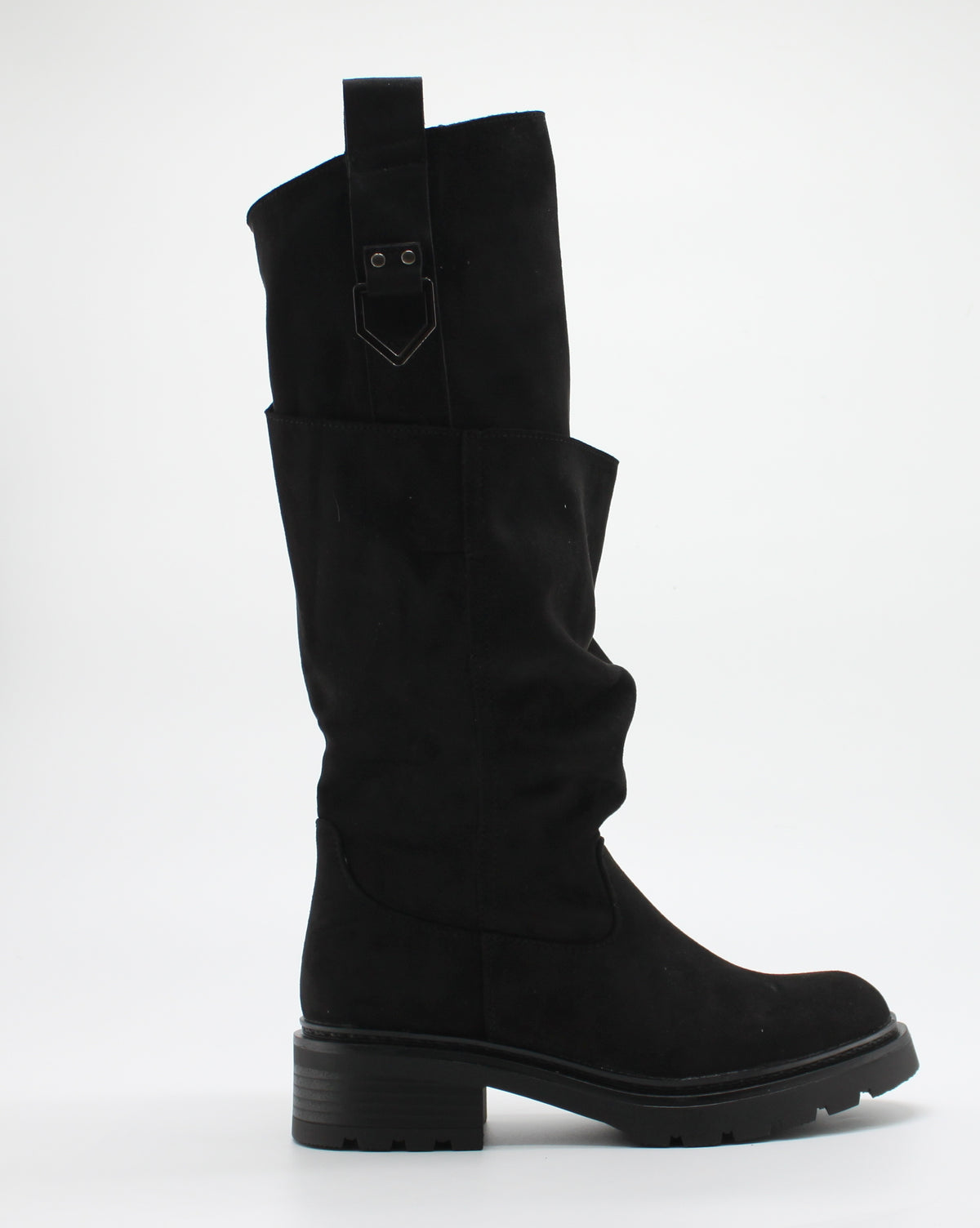 Stivale Alto Scamosciato Slouchy con Dettaglio Fibbia - Nero