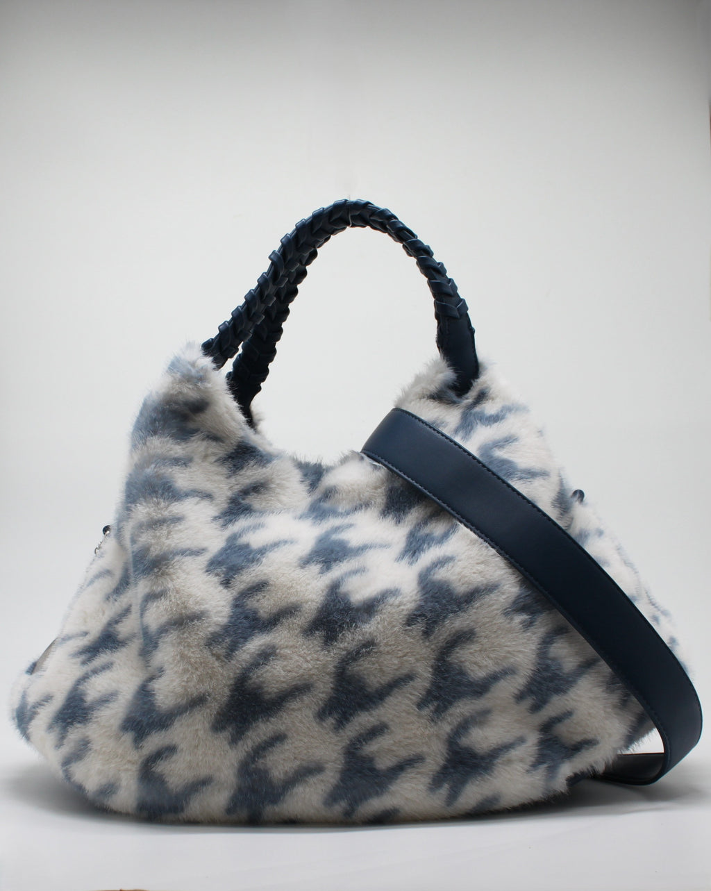 Borsa Alex Max in Eco-Pelliccia Pied de Poule - Blu e Bianco