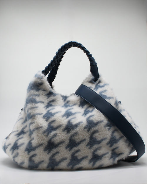 Borsa Alex Max in Eco-Pelliccia Pied de Poule - Blu e Bianco