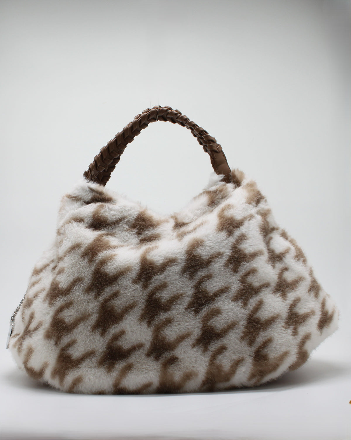 Borsa Alex Max in Eco-Pelliccia Pied de Poule - Beige e Bianco