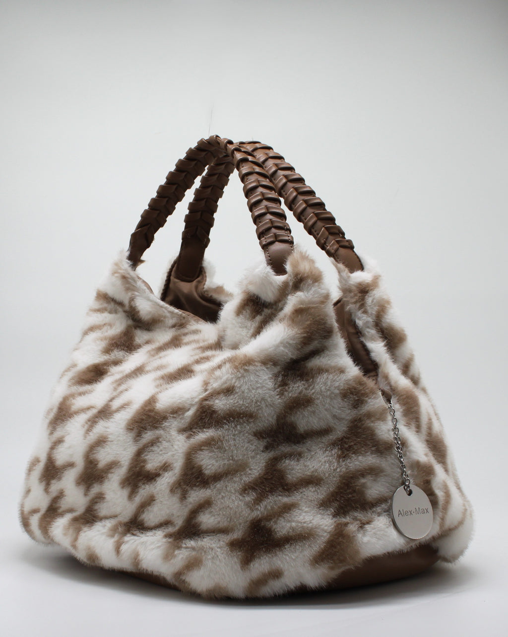 Borsa Alex Max in Eco-Pelliccia Pied de Poule - Beige e Bianco