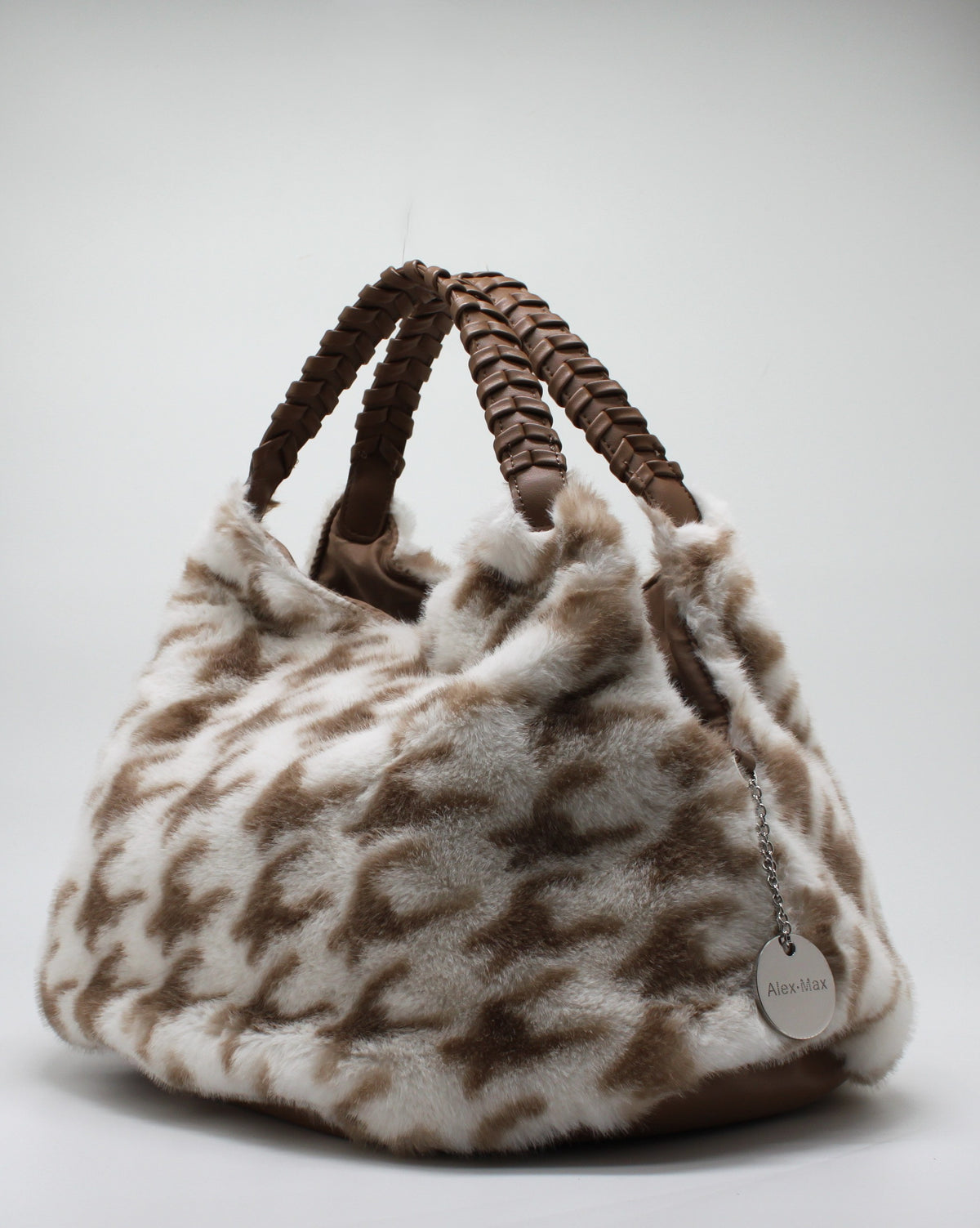 Borsa Alex Max in Eco-Pelliccia Pied de Poule - Beige e Bianco