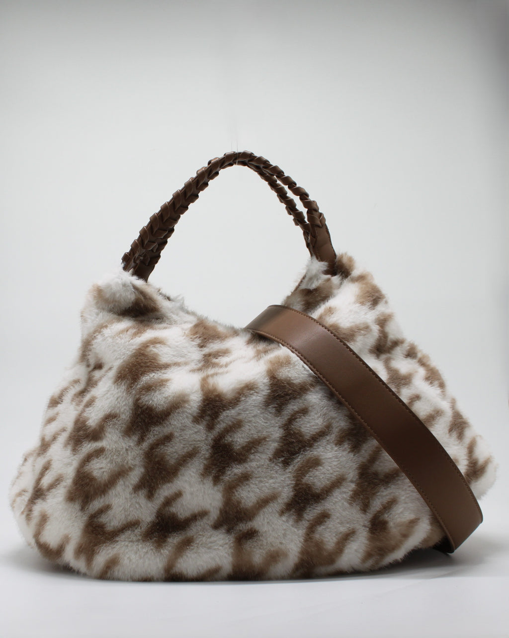 Borsa Alex Max in Eco-Pelliccia Pied de Poule - Beige e Bianco