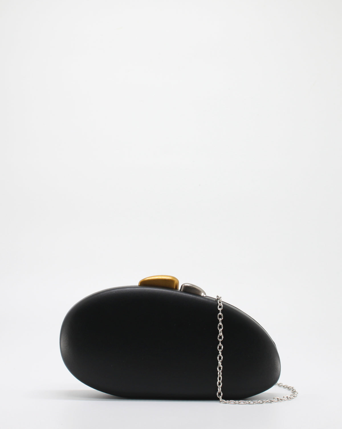 Clutch Gioiello Rigida con Chiusura Bicolore e Tracolla a Catena - Nero