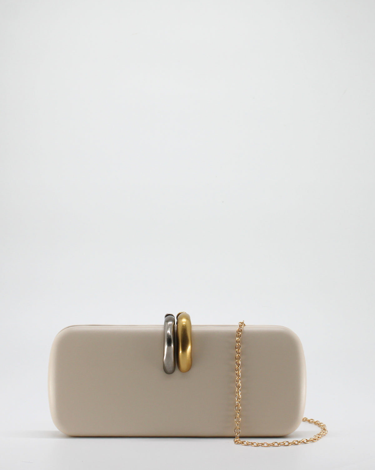 Clutch con Chiusura Gioiello Bicolore e Tracolla Dorata - Beige