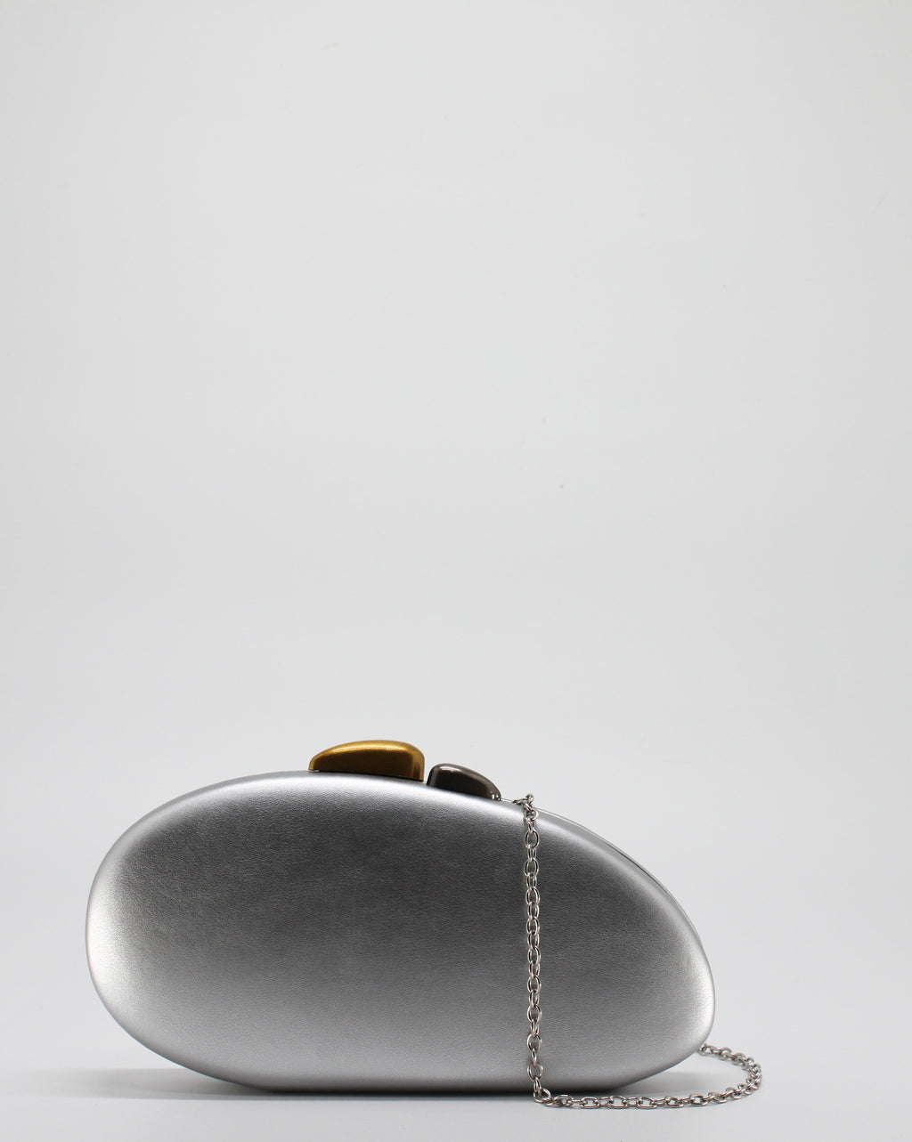 Clutch Gioiello Rigida con Chiusura Bicolore e Tracolla a Catena - Silver