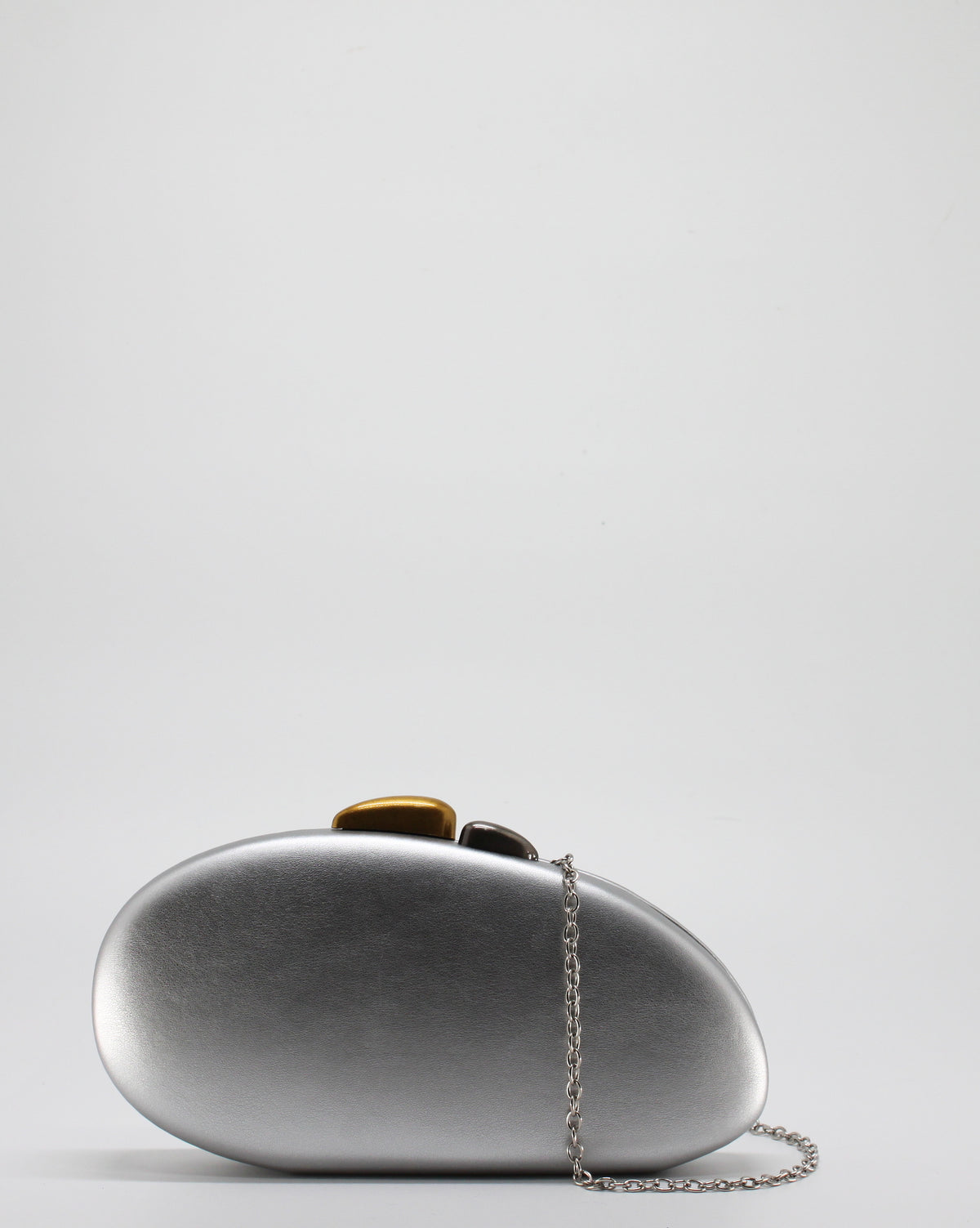 Clutch Gioiello Rigida con Chiusura Bicolore e Tracolla a Catena - Silver