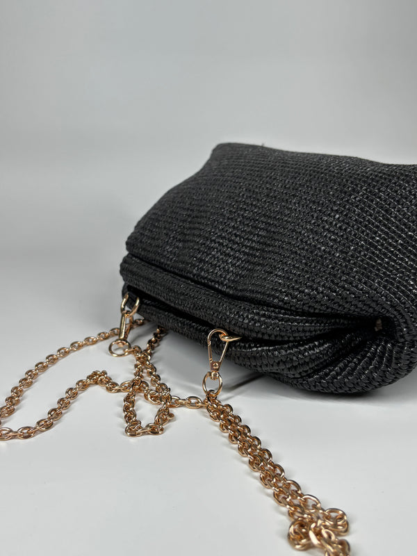 Clutch a Trapezio in Rafia Intrecciata – Nero
