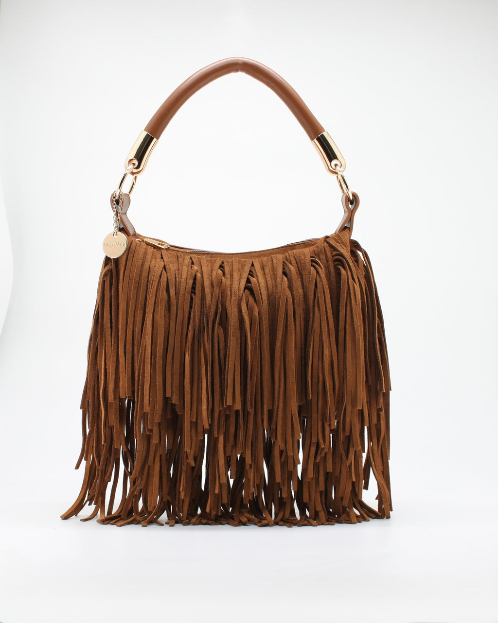 Borsa a Spalla e Tracolla Alex Max in Suede con Frange - Marrone