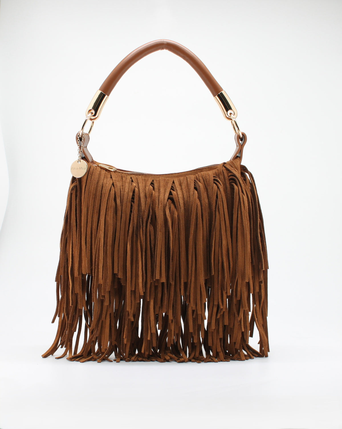 Borsa a Spalla e Tracolla Alex Max in Suede con Frange - Marrone