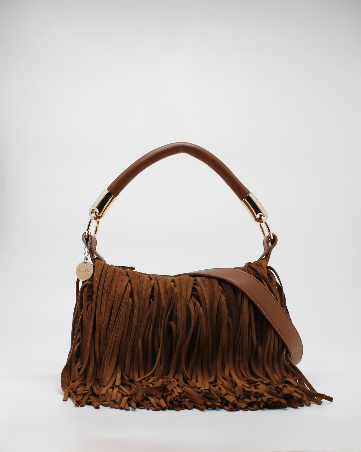 Borsa a Spalla e Tracolla Alex Max in Suede con Frange - Marrone