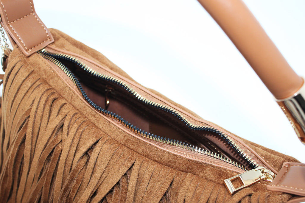 Borsa a Spalla e Tracolla Alex Max in Suede con Frange - Marrone