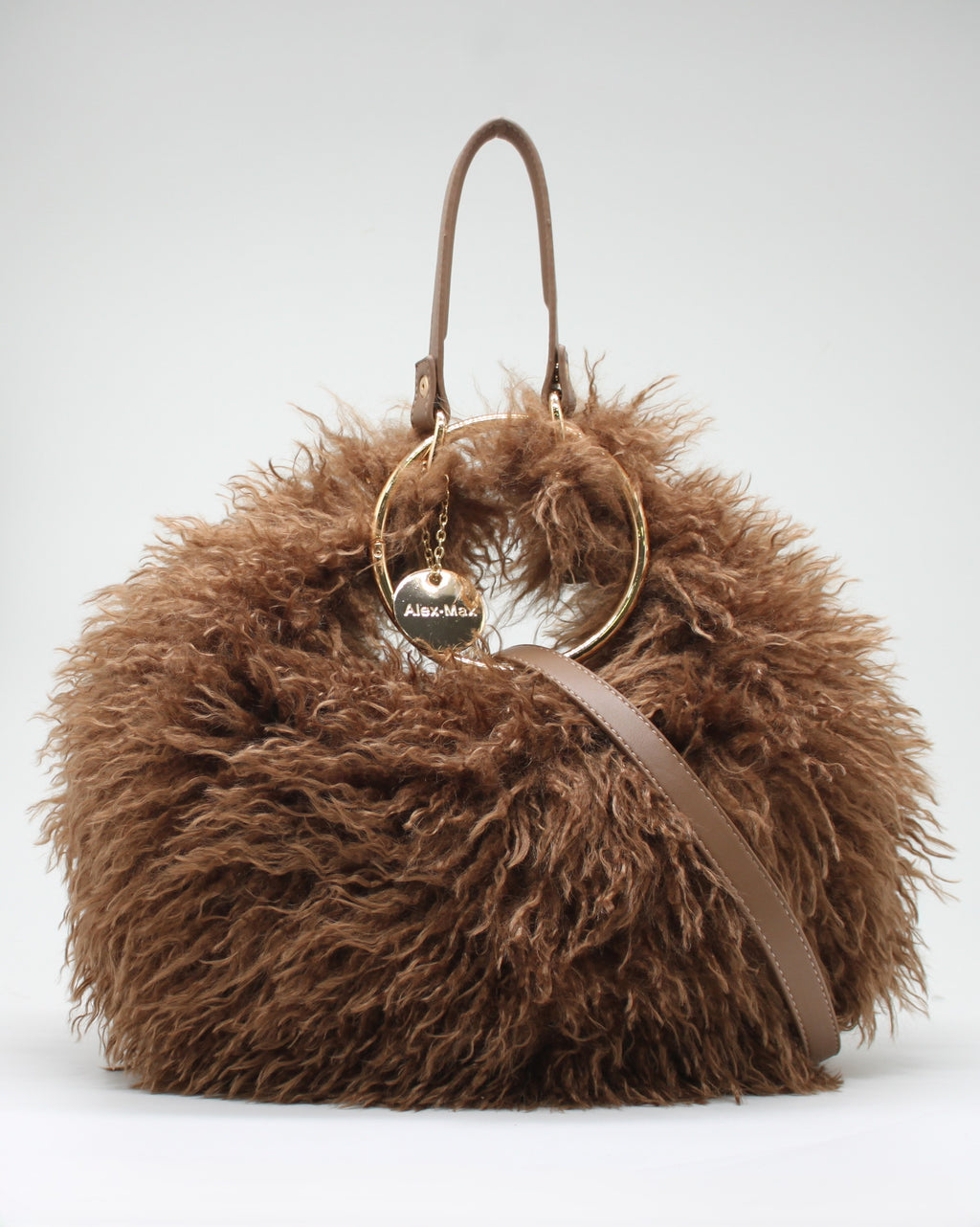 Borsa Maxi Tote "Alex Max" in Eco-Pelliccia Marrone con Manico Gioiello e Tracolla - Marrone