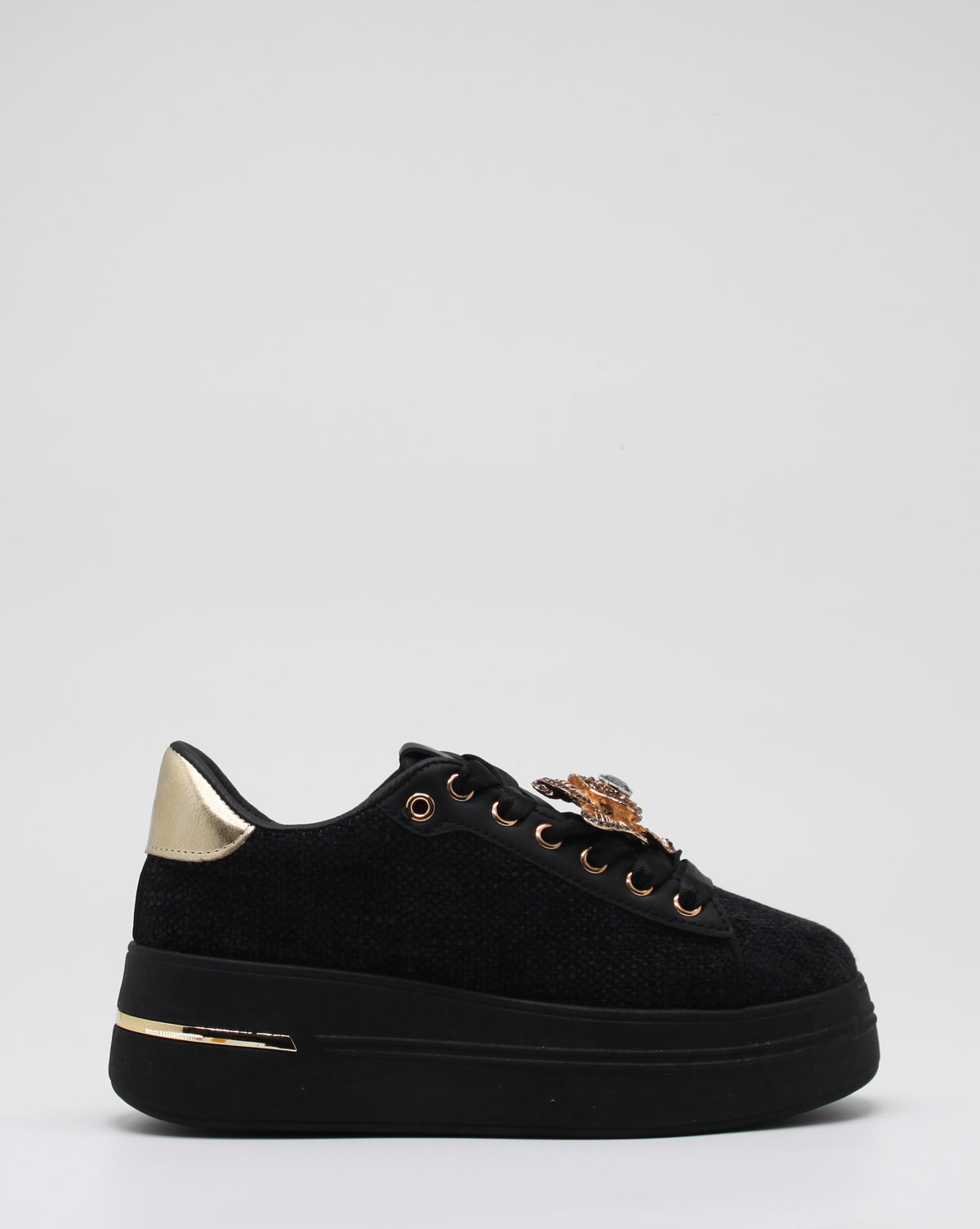 Sneakers Platform in Tessuto con Spille Gioiello Removibili - Nero