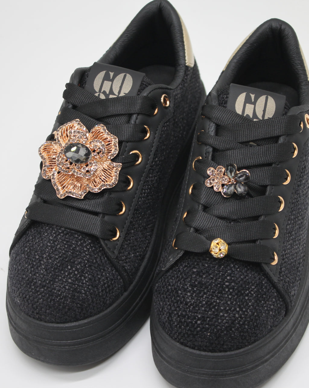 Sneakers Platform in Tessuto con Spille Gioiello Removibili - Nero