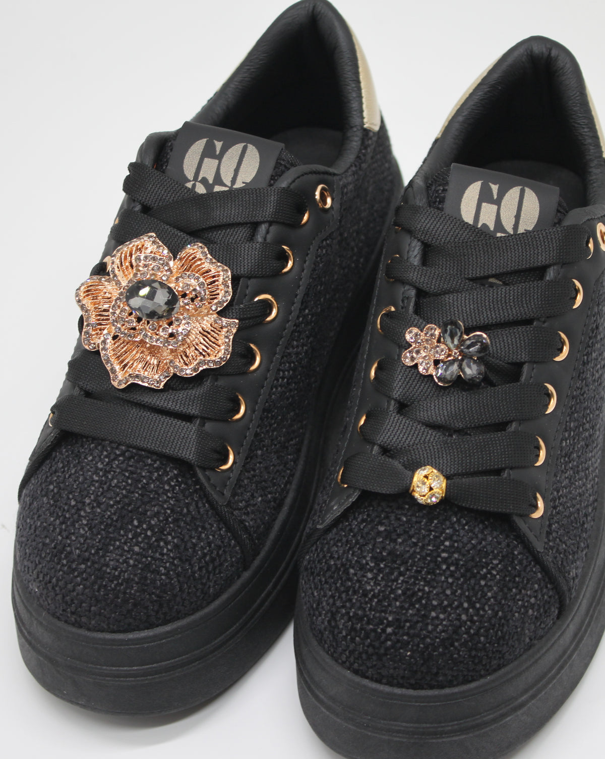 Sneakers Platform in Tessuto con Spille Gioiello Removibili - Nero