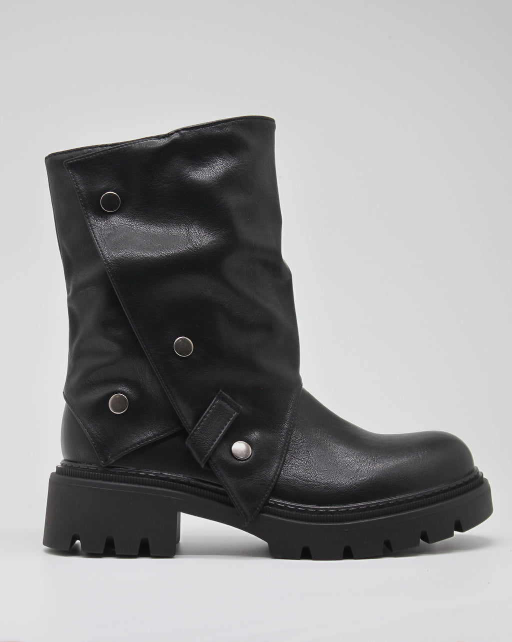Stivaletto Biker Nero con Risvolto e Bottoni Metallo - Nero
