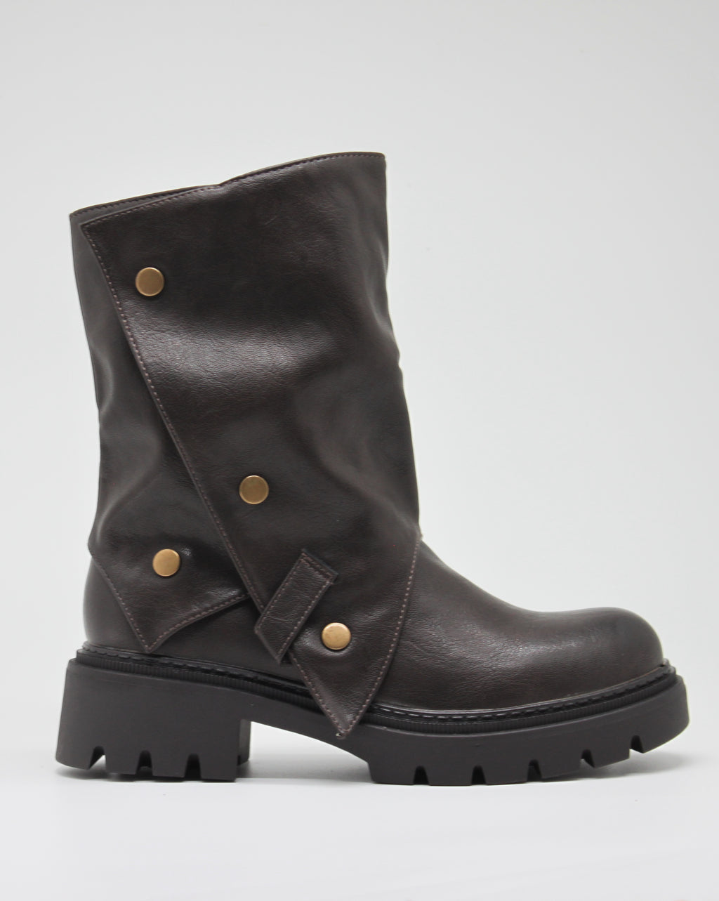Stivaletto Biker Nero con Risvolto e Bottoni Metallo - Marrone