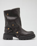 Stivaletto Biker Nero con Risvolto e Bottoni Metallo - Marrone