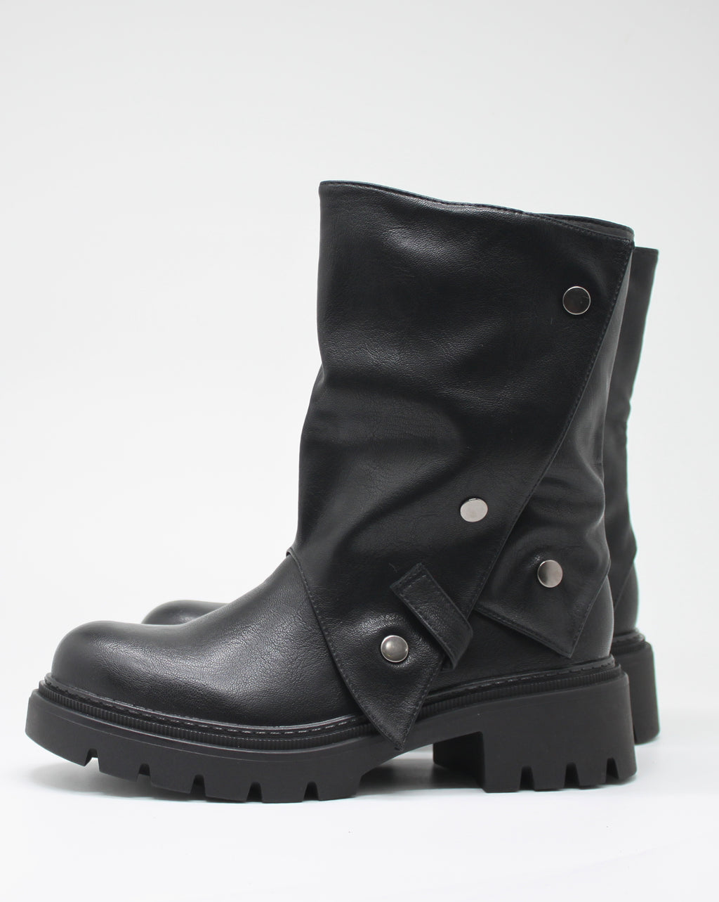 Stivaletto Biker Nero con Risvolto e Bottoni Metallo - Nero