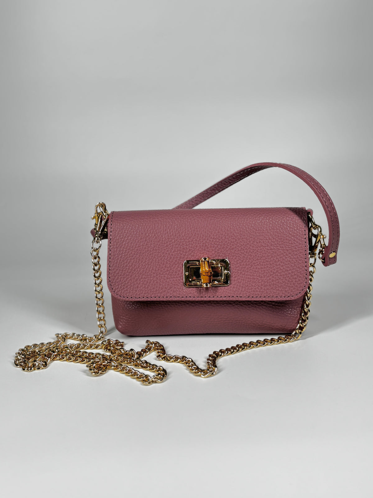 Mini Bag in Pelle Martellata con Chiusura Bamboo - Rosa Antico