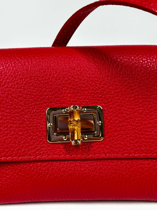 Mini Bag in Pelle Martellata con Chiusura Bamboo - Rossa