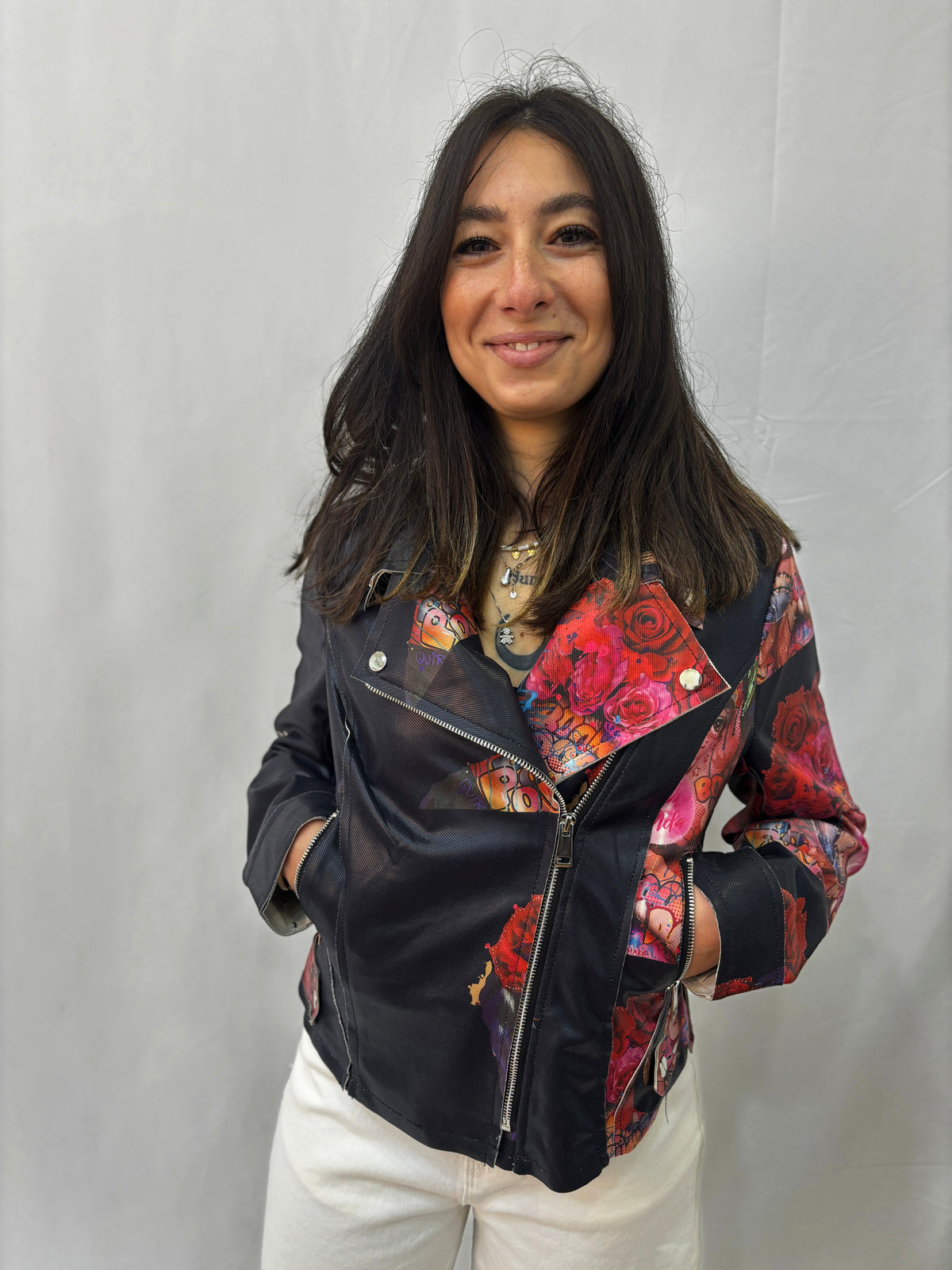 Giacca Biker "Art & Roses" – Nero