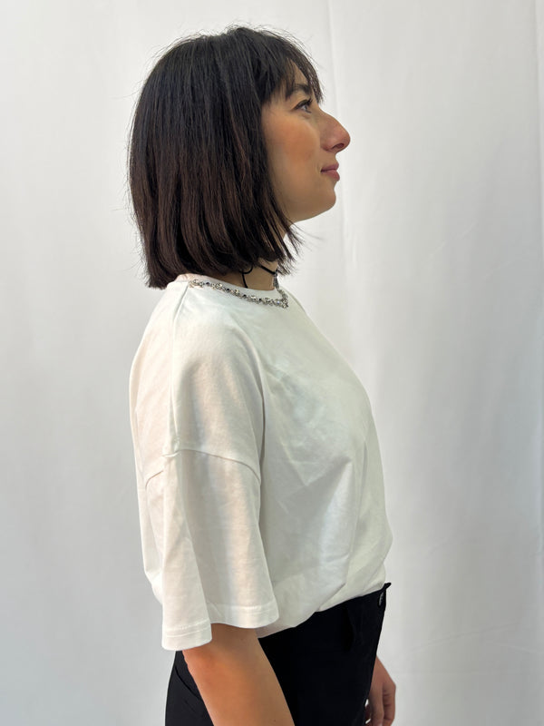 T-shirt Zahjr Oversize con Girocollo e applicazione strass - Bianco