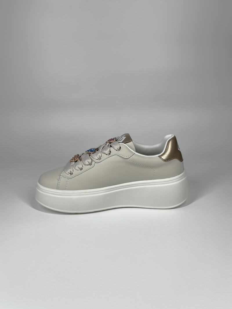 Sneaker Gold & Gold Platform con Cuori Gioiello - Beige