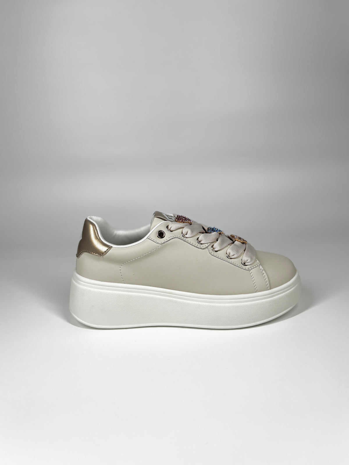 Sneaker Gold & Gold Platform con Cuori Gioiello - Beige