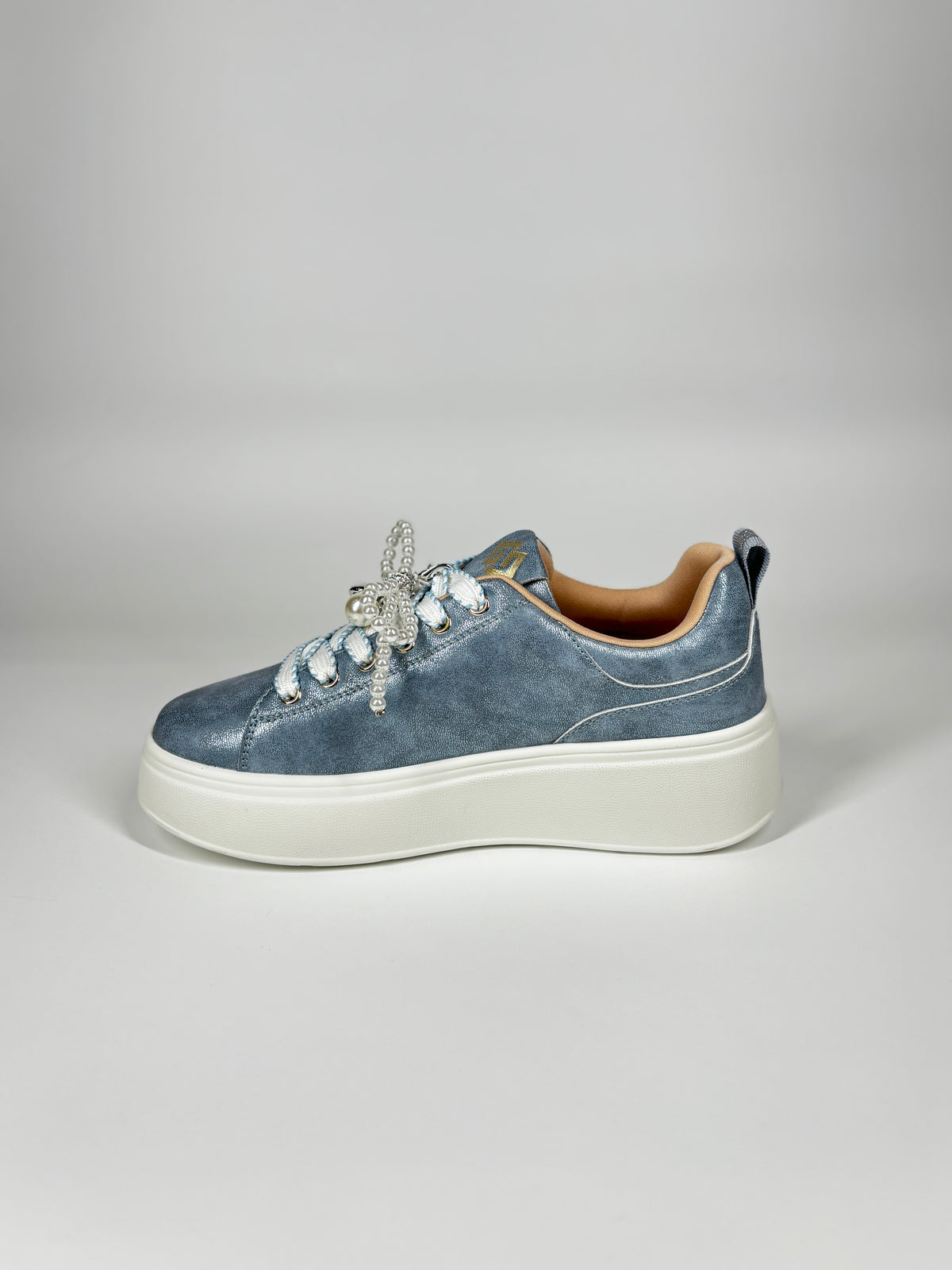 Sneaker Gold & Gold Laminata con Dettaglio Perle Gioiello - Blu