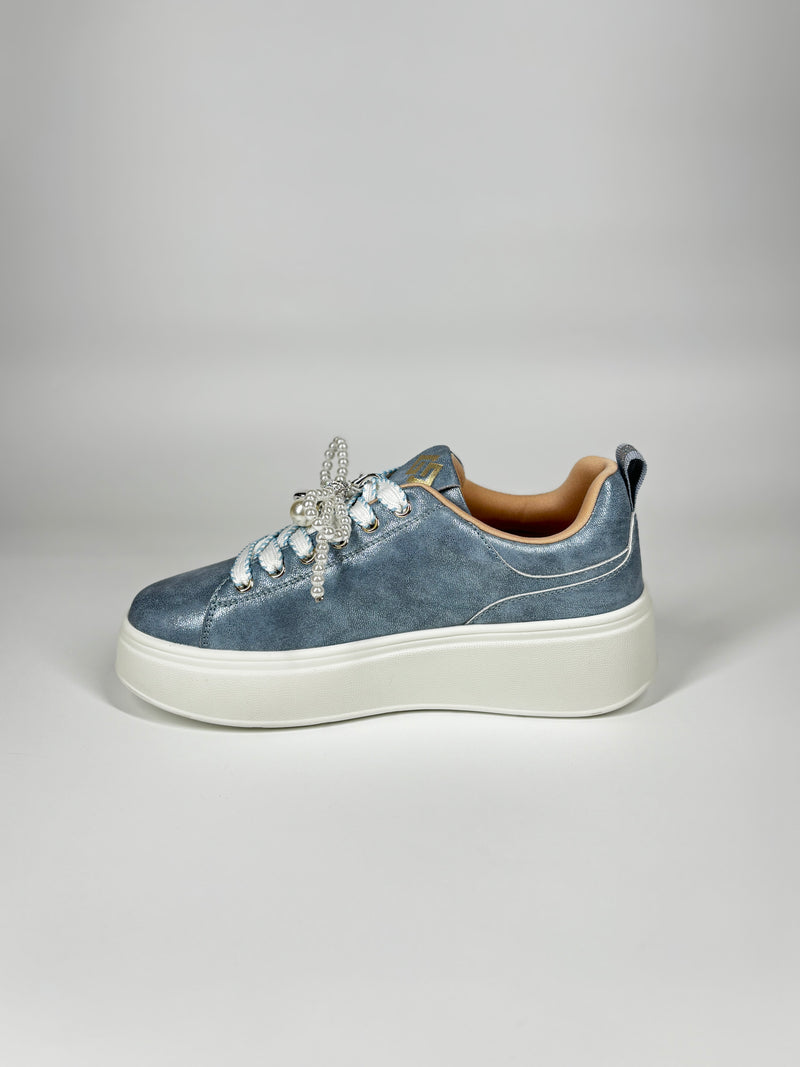 Sneaker Gold & Gold Laminata con Dettaglio Perle Gioiello - Blu