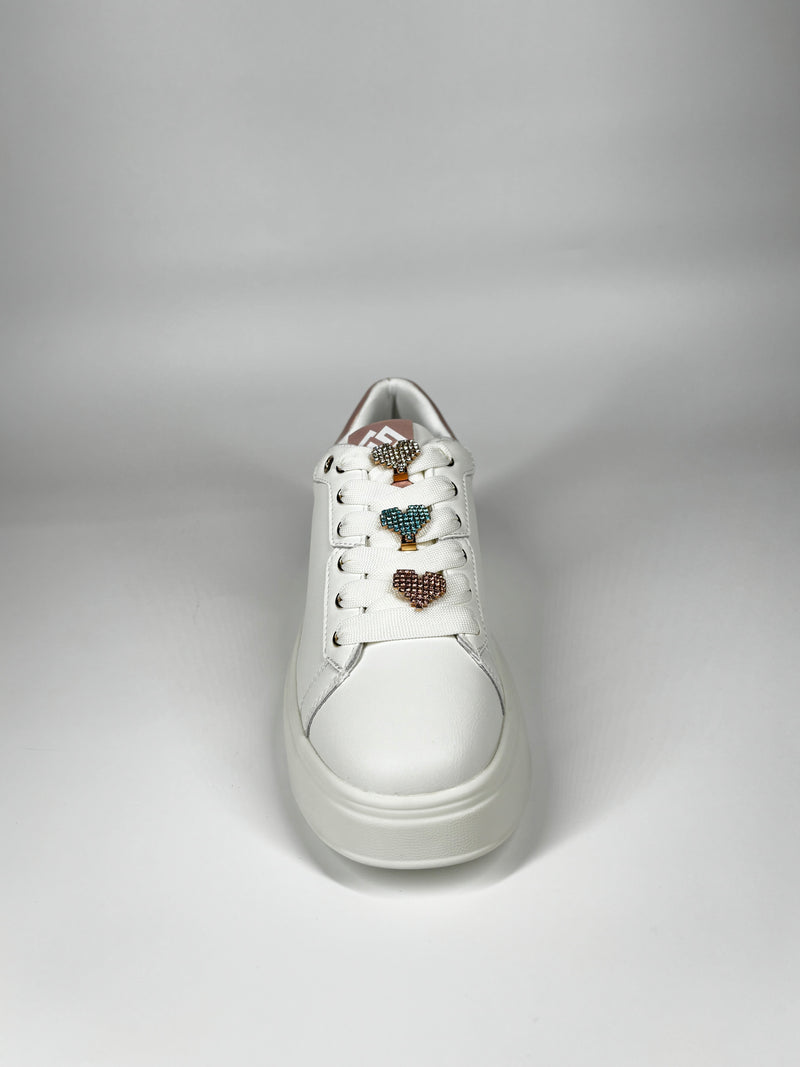 Sneaker Gold & Gold Platform con Cuori Gioiello - Bianco