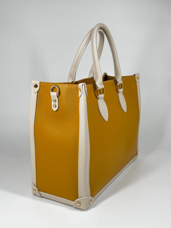 Borsa in Vera Pelle Bicolor – Senape e Beige