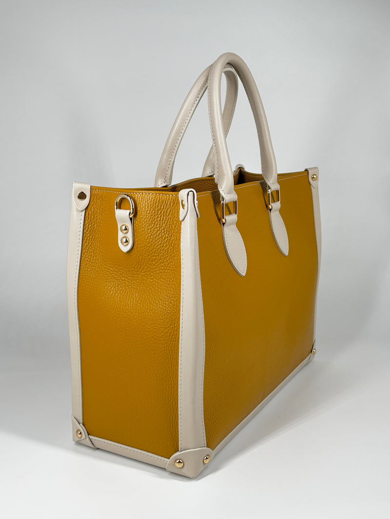 Borsa in Vera Pelle Bicolor – Senape e Beige