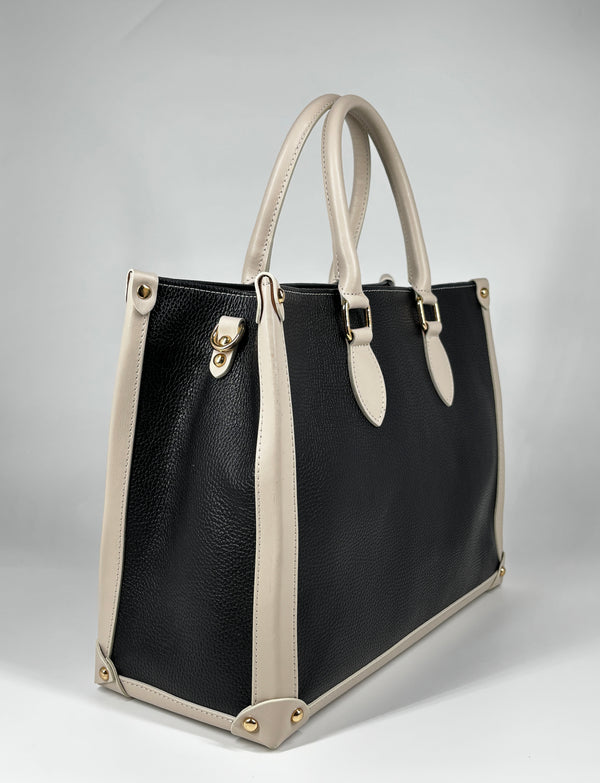 Borsa in Vera Pelle Bicolor – Nero e Beige